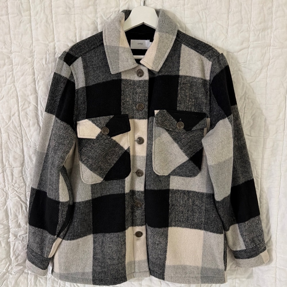 Onia Mens Blanket Shacket Buffalo Plaid Wool Blend Black Grey Small NWT